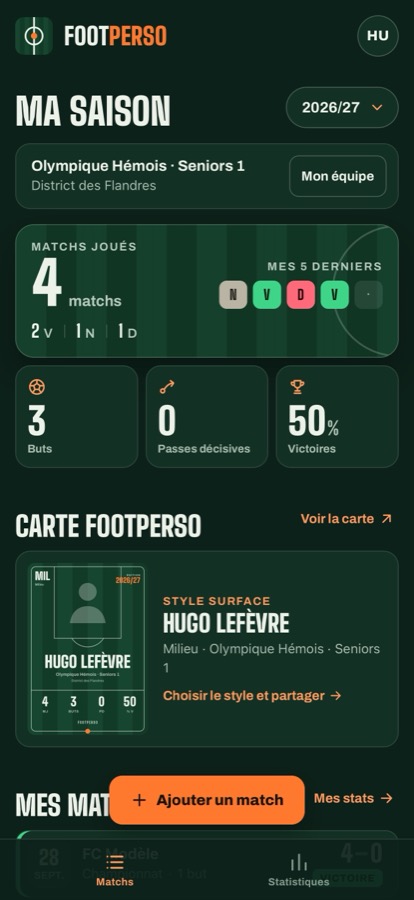 Écran Ma saison de FootPerso : matchs joués, derniers résultats, buts et passes décisives